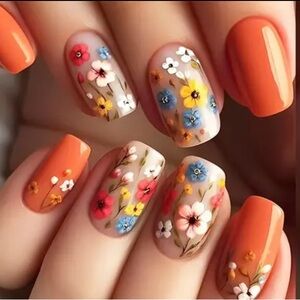 Designer 24Pcs Colorful Flowers Medium Square Glossy Press On Nails